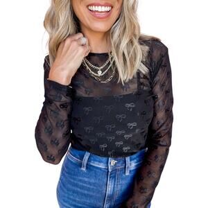 Black Mesh Bow Pattern Long Sleeve Top New Sizes S M